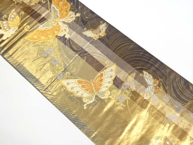リサイクル　金通し金箔縞に蝶・流水模様織り出し全通袋帯